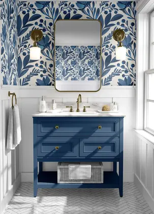 botanical blue theme wallpaper for bathroom