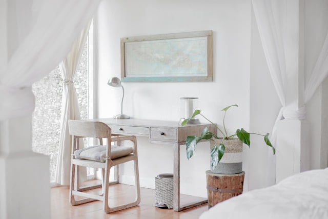 wood desk, add cozy and earthy vibes to the home office