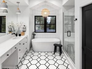 black and white penny tiles costume design in bathroom flooring