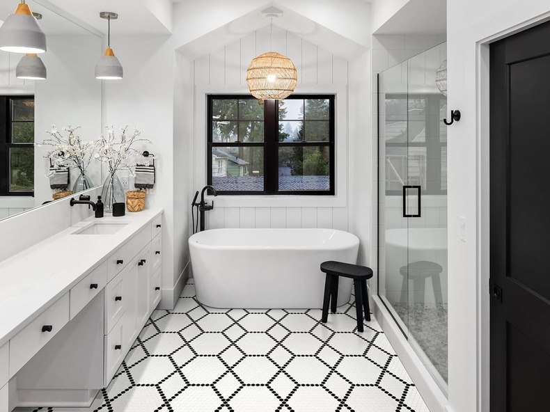 black and white penny tiles costume design in bathroom design 