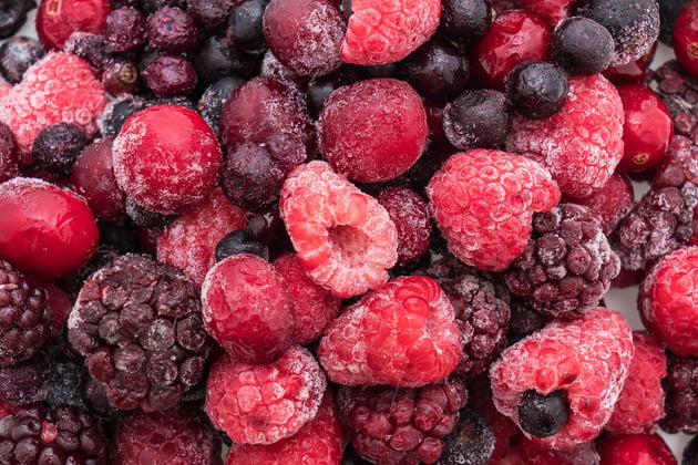 frozen raspberries and blueberries, do not put solid frozen fruit in a blender