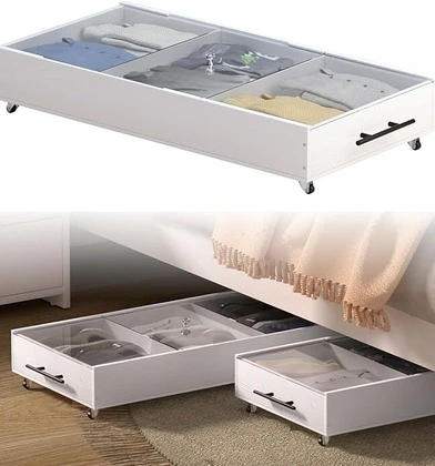 Solid Wood Under Bed Storage Drawer with Lids, Wheels, Handles