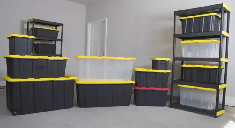 HDX plastic storage bins in different sizes in a garage