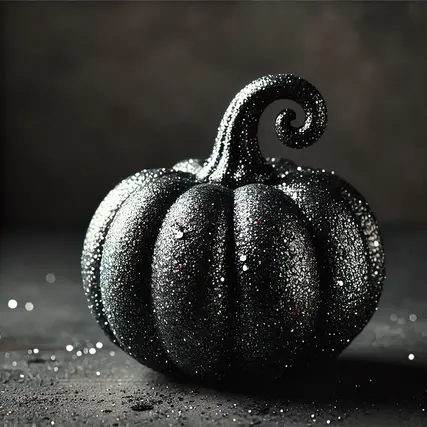 A pumpkin coated in black with a shimmer of silver glitter for an elegant yet eerie vibe.