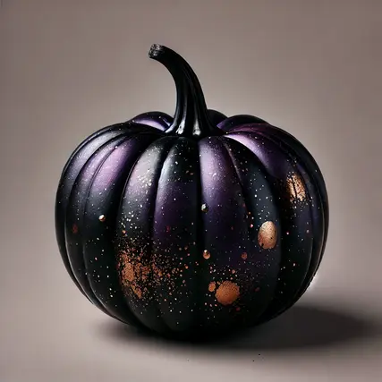  A pumpkin painted with deep black and purple, with hints of metallic gold for a spooky, bold feel.