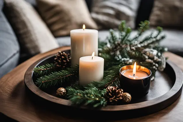 wooden tray on coffee table with candles and pine greenery for creating Modern Holiday Decor