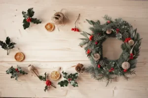 Holiday theme wreath DIY making with dried orange, Holly Berry, pine needles