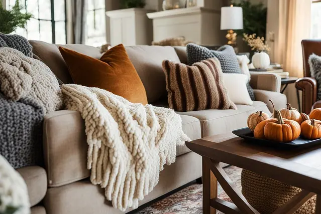 cozy texture of warm blanket and couple of caution and pillows for Thanksgiving and fall decor 