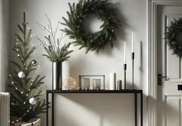 Modern Holiday Decor, small Xmas tree with minimal ornament at the corner and hanged wreath on the wall