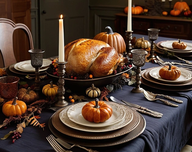 dark hue Thanksgiving table landscape