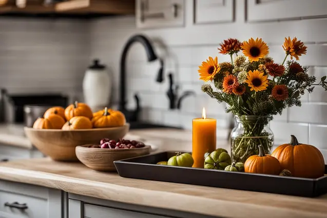 tray of small pumpkins decorated with candles and seasonal flowers 