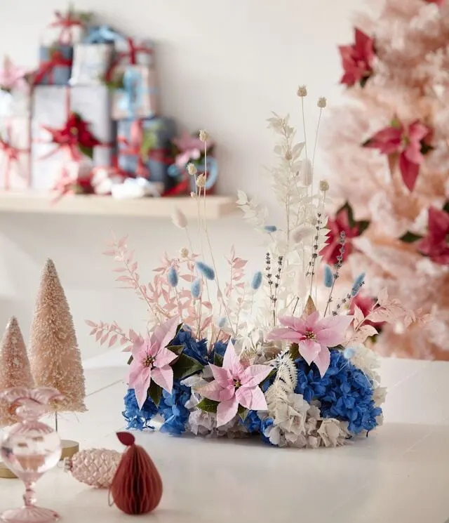 Decorate a small space for the holidays with creative pinkish color scheme