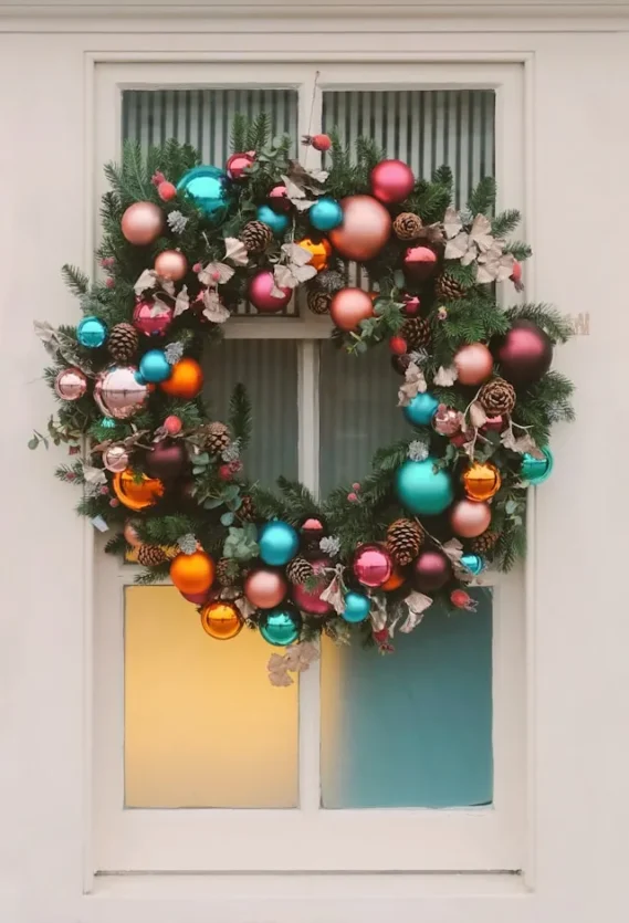 creative Christmas wreath idea with colorful ornaments and pinecone and needle leaves 